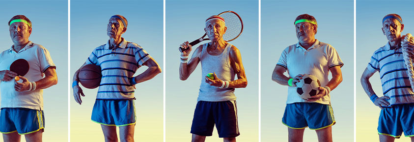 Collage 5 älterer Männer in Sportkleidung, verschiedene Aktivitäten
