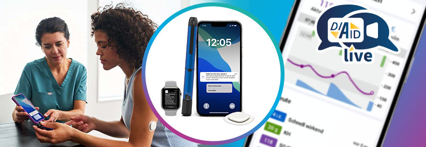 Smartwatch, Insulinpen, Smartphone mit App und rtCGM-Sensor